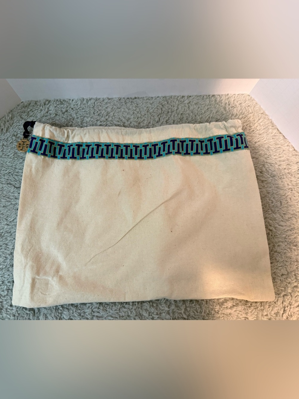 Tory Burch Canvas Dust Bag with Blue & Teal Geometric Trim